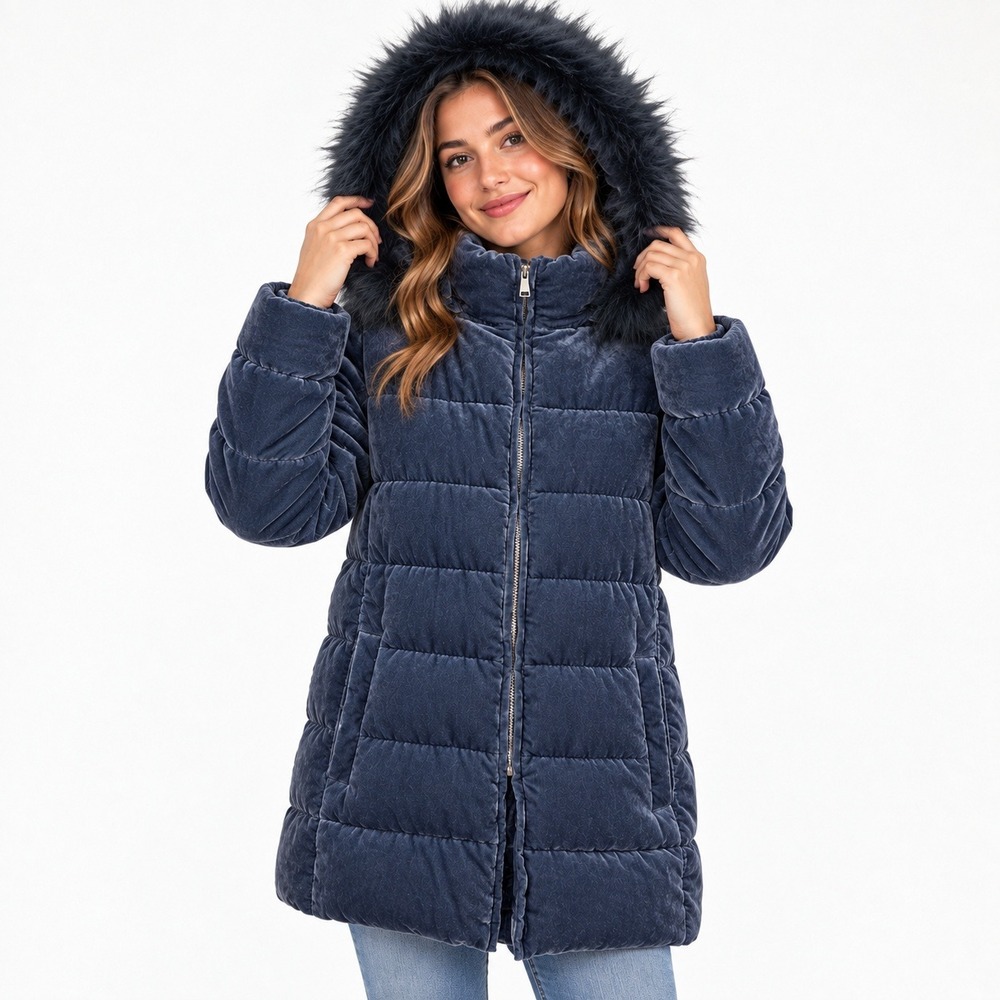 LOFT Y2K Velvet Puffer Coat LP Retro Faux Fur Hood Longline Cozy Winter Jacket